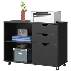 Black Wood Lateral File Cabinet Mobile Printer Stand Storage Home Office Shelf